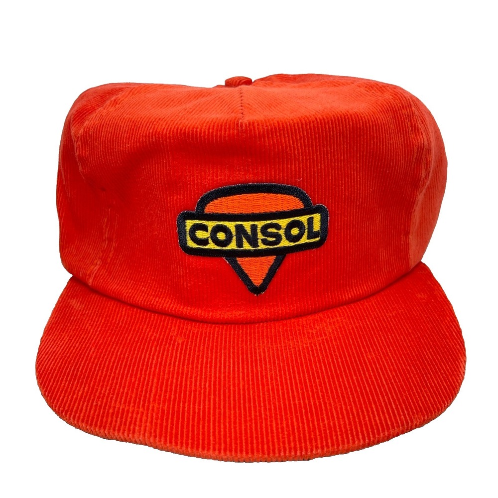Vintage Consol Trucker Hat Cap Orange Corduroy Coal Mining 80s 90s USA Patch W21